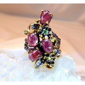 Natural Pink Tourmaline Emerald Oxidized Sterling Silver Ring Vine Botanical